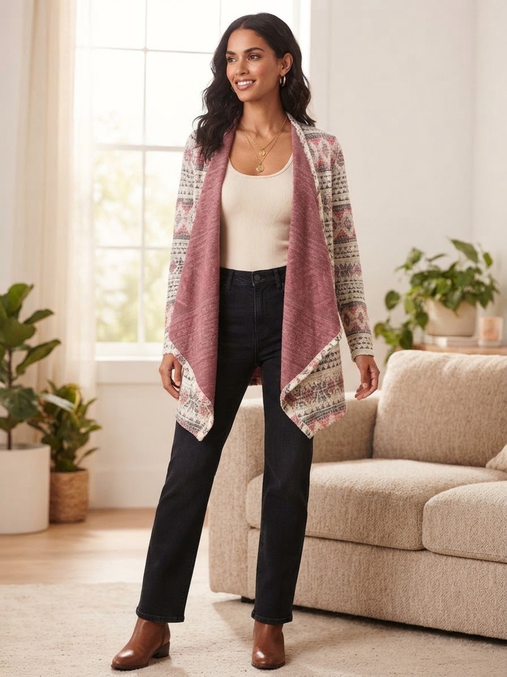 American Eagle Outfitters Dusty Rose & Cream Fair Isle Draped Cardigan